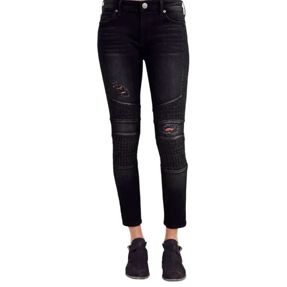 True Religion Halle Mid Rise Super Skinny Moto Women’s Jean Black Distressed 25 - Picture 2 of 15